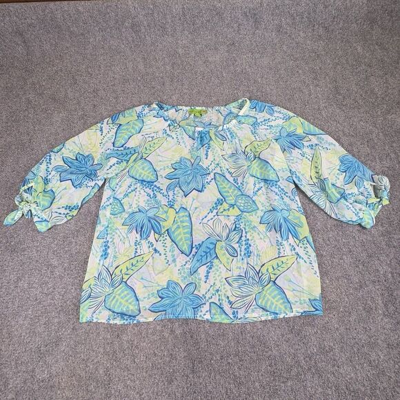 Island‎ Republic Blouse Womens L Blue Tropical Hawaiian Sheer Tie Sleeves Boho - Picture 1 of 11